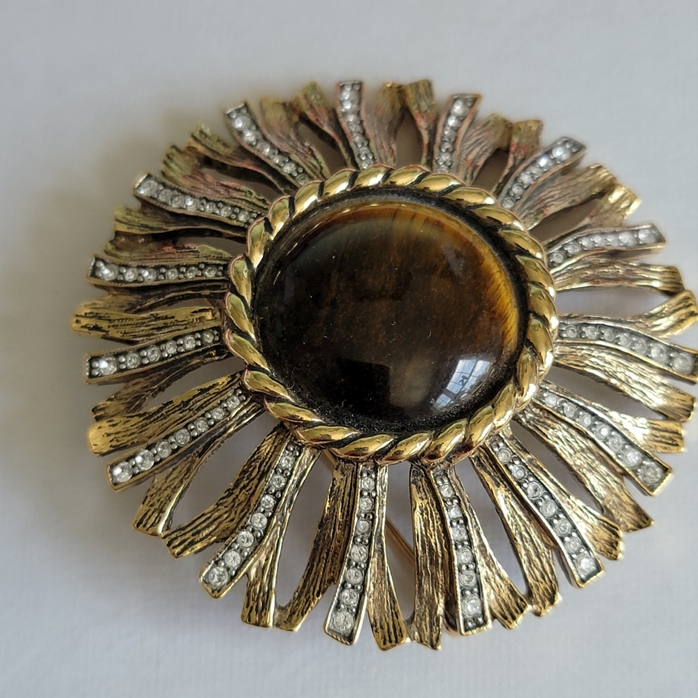 Vintage Large LANDAU Tiger Eye Sunflower Brooch